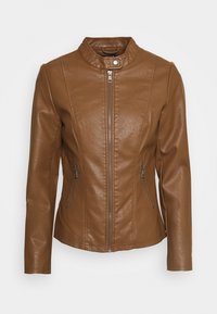 Veste en cuir synthétique marron avec un col mandarin, fermeture éclair à l'avant et poches latérales. Texture lisse avec un design ajusté et des détails de couture.