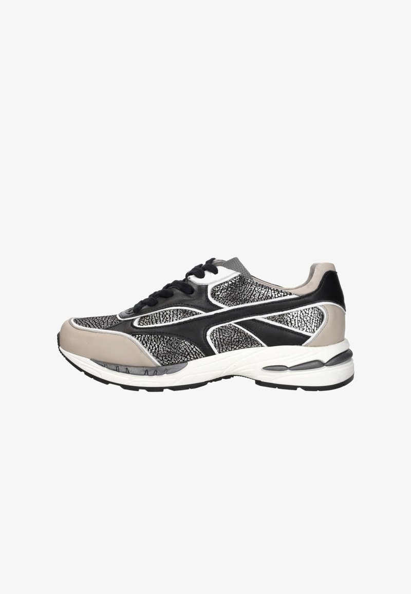Athletic sneakers with a mesh upper featuring a crackle pattern, black and gray accents, a beige toe cap, and a white sole.