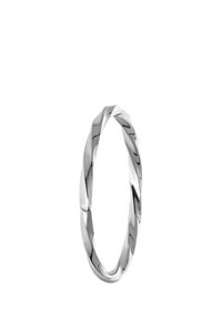 Silberner verdrehter Ring mit glatter Textur und polierter Oberfläche, der ein filigranes Spiralmuster für visuellen Reiz aufweist.