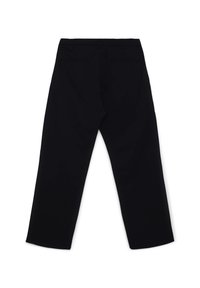 Schwarze Hosen mit geradem Bein, ausgestattet mit zwei Gesäßtaschen und einem strukturierten Stoff. Glatte Oberfläche, keine sichtbaren Verschlüsse.