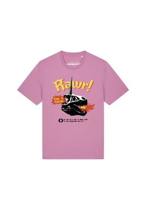 Lavender T-shirt with a black dinosaur skull breathing fire, yellow "Rawr!" text, and smaller red text "Cute & Furious" on the front.