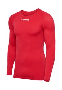 Rode langslopende compressieshirt gemaakt van gladde, rekbare stof. Heeft een ronde hals en een logo aan de bovenlinke kant.