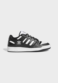 Low-top Adidas sneaker in black and white leather with three white stripes, Adidas logo on side, and white rubber sole.
