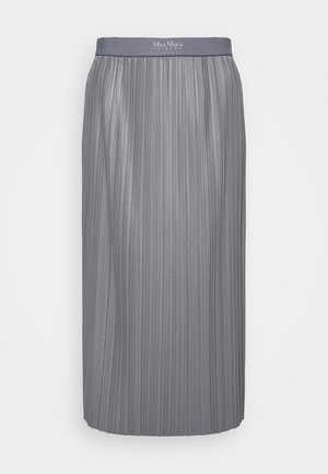 Jupe midi plissée grise avec taille élastique comportant le logo Max Mara Leisure sur un fond blanc uni.