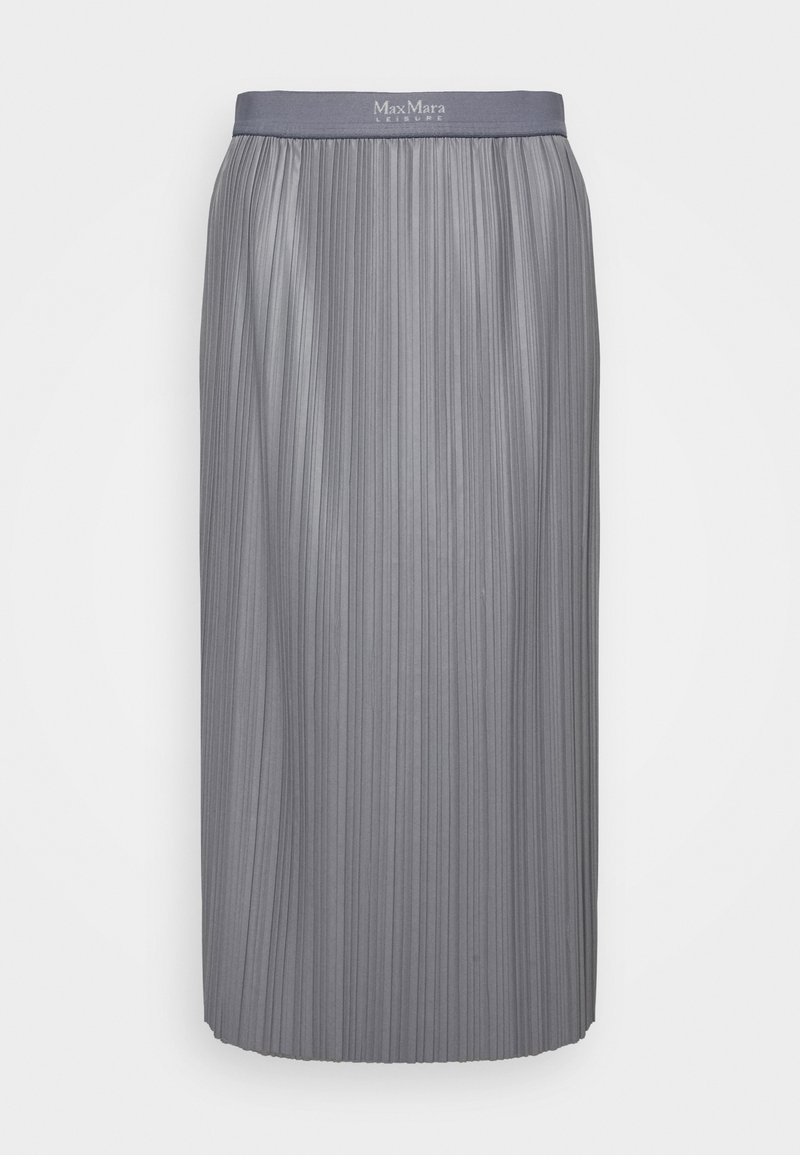 Jupe midi plissée grise avec taille élastique comportant le logo Max Mara Leisure sur un fond blanc uni.