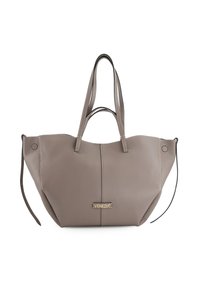 Torebka tote w kolorze taupe z podwójnymi uchwytami, bocznymi sznurkami i małą złotą blaszką z napisem "Venezia" na przednim środku.