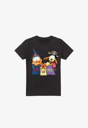 Black cotton t-shirt featuring cartoon characters in costumes holding trick-or-treat bags with "TRICK OR TREAT!" text in bold red and yellow.
