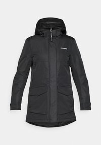 Parka imperméable noire Didriksons avec capuche, fermeture éclair frontale, poches à rabat et manches longues conçue pour temps froid.