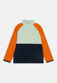 Pullover a collo alto di colore verde menta, maniche raglan arancioni e parte inferiore blu navy. Tessuto morbido con pannelli di colore a contrasto.
