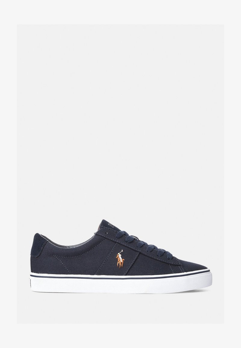 Navy canvas sneakers with white rubber sole. Features round toe, lace-up design, and small embroidered logo on the side.