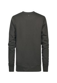 Felpa verde scuro con maniche lunghe, collo a giro e polsini a costine. Tessuto morbido e design minimalista, senza loghi visibili.