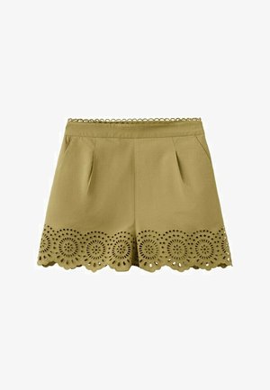 Shorts Tan a vita alta con pieghe frontali e orlo smerlato con motivi floreali a ritagli circolari.