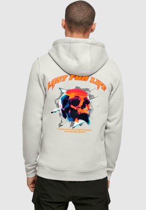 Light gray hoodie with a front pocket, featuring a colorful skull graphic and text "LAST FOR LIFE" on the back. Soft fabric, standard fit.