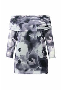 Haut à manches longues décolleté avec un motif floral aquarelle gris et noir et un col froncé.