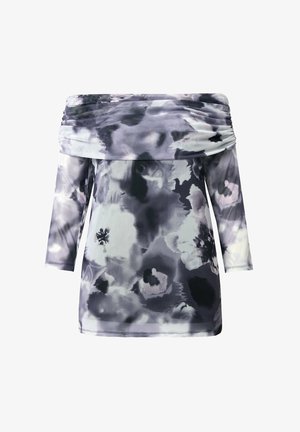Off-shoulder langærmet top med grå og sort blomster akvarelmønster og rynket udskæring.