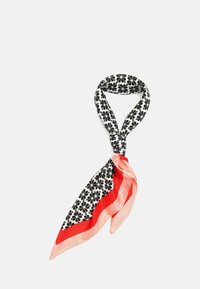 Silk scarf featuring a black floral pattern on a white background, with a coral and peach border. Smooth texture, square shape.