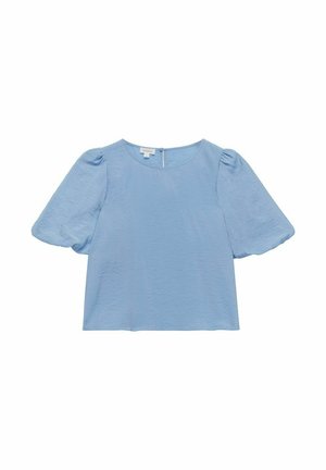 Lichtblauw, kort mouwtopje van textuurstof met een ronde halslijn en een sluiting aan de achterzijde met een kleine knoop.