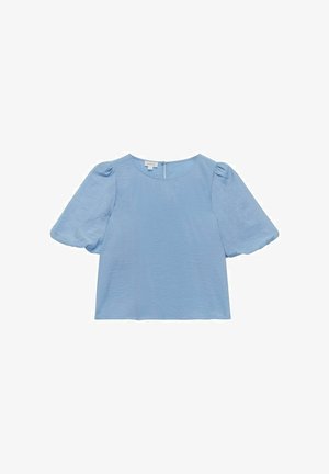 Lichtblauw, kort mouwtopje van textuurstof met een ronde halslijn en een sluiting aan de achterzijde met een kleine knoop.