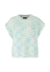Short-sleeved pullover sweater in textured light blue and white yarn, featuring a round neckline and loose fit.