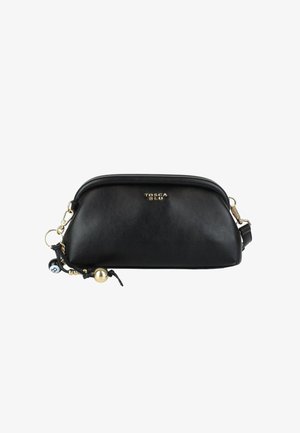 Piccola borsa a tracolla Tosca Blu nera con logo dorato, fondo rotondo e ciondolo decorativo con palline e portachiavi a forma di bilia nera (palla n° 8).