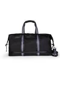 Czarna torba sportowa wykonana z nylonu i skóry, z podwójnymi uchwytami, regulowanym paskiem oraz ozdobnym logo i detalami na pasku.