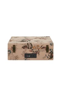 Floral-patterned storage box with a pink base, gold-tone hardware, and a black control panel featuring audio inputs, rectangular shape.