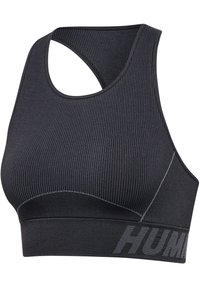 Schwarzer, gerippter Sport-BH mit Racerback-Design, ausgestattet mit einem breiten Gummiband und dezentem grauen Nähten. Der Markenname wird auffällig angezeigt.