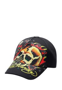 Cappello nero con vivida grafica di teschio e cuore, adornato da fiamme colorate e strass. Visiera curvata e cinturino regolabile.