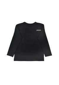 Schwarzes Langarmshirt aus Baumwolle mit Rundhalsausschnitt und einem kleinen Logodetail im oberen Rückenbereich. Glatte Textur, keine sichtbaren Muster.