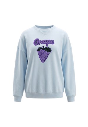 Lichtblauwe trui met paarse druivenkluit en het woord "Grape" in het paars geborduurd op de voorkant.