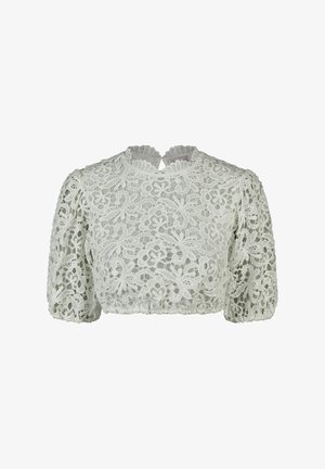 Weiße Spitzen-Cropped-Bluse mit Puffärmeln und hohem, gewelltem Ausschnitt, mit floralem Muster und Schlüsselknopfverschluss auf der Rückseite.