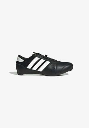 Black athletic shoe with a sleek design, featuring a synthetic upper, mesh accents, three white stripes, and perforated detailing on the side.