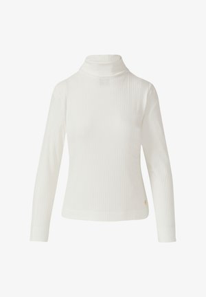 Balta raukšlėta ilgomis rankovėmis turtleneko palaidinė su prigludusia forma ir mažą auksinę emblema prie apvado ant balto fono.