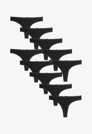 Kümme musta puuvillast naiste stringpesu tükki väikeste eespool asuvate lipsudega, paigutatud valgel taustal langevas diagonaalmustris.