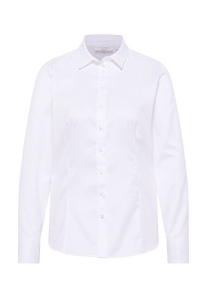 Camicia bianca a maniche lunghe in cotone. Presenta un colletto classico, chiusura frontale con bottoni e una vestibilità su misura con cuciture laterali sottili.