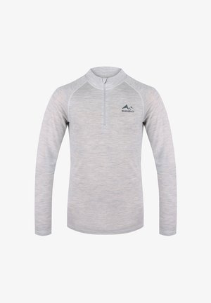 Helles graues Langarm-Pullover aus weichem Material, mit halblangem Reißverschluss am Hals, Raglanärmeln und einem kleinen Berglogo auf der Brust.