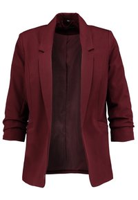 Burgundy blazer featuring a lapel collar, two front pockets, and rolled sleeves. Made of smooth fabric with an open front and no fastenings.