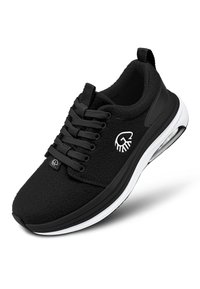 Schwarzer Sportschuh mit strukturiertem Obermaterial, Schnürsenkeln und weißer Sohle mit sichtbarem Luftpolster. Logodetail an der Seite.