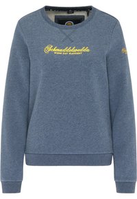 Sudadera azul con puños y dobladillo de canalé. Presenta texto bordado en amarillo en la parte delantera y en la mangas. Textura de tela suave. Cuello redondo.