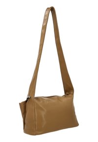 Brown faux leather shoulder bag with a smooth texture, rectangular shape, and a long shoulder strap. Zip closure on the top.