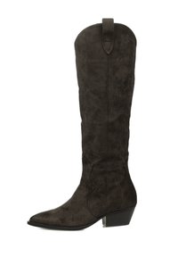 Botas de ante gris oscuro hasta la rodilla, con puntera puntiaguda, tacón ancho inclinado y costuras decorativas a lo largo del tubo. Práctico tirador resistente en la parte superior.
