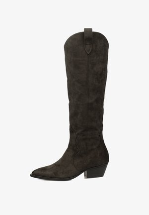 Botas de ante gris oscuro hasta la rodilla, con puntera puntiaguda, tacón ancho inclinado y costuras decorativas a lo largo del tubo. Práctico tirador resistente en la parte superior.