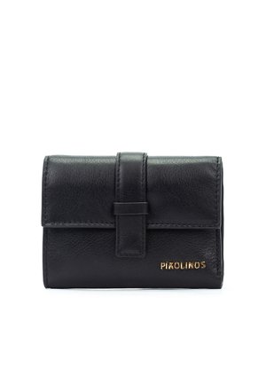 Portefeuille en cuir noir avec une fermeture à sangle avant et un logo doré "PIKOLINOS" en bas à droite, sur fond blanc.