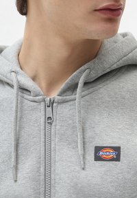 Gray zip-up hoodie with a soft texture, featuring drawstrings and a color logo patch on the left chest area. Zippered front closure.