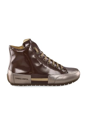 High-top shiny brown leather sneaker with beige laces, metallic toe cap, and "Candice Cooper" logo on the heel strip.