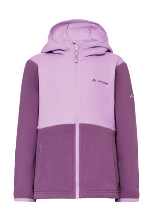 Kinder-Fleecejacke in zweifarbigem Lila mit durchgehendem Frontreißverschluss, Kapuze, Seitentaschen und Vaude-Logo auf Brust und Ärmel.