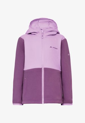 Kinderfleecejack met tweekleurig paars ontwerp, voorzien van een volledige voorrits, capuchon, zijzakken en het Vaude-logo op de borst en mouw.