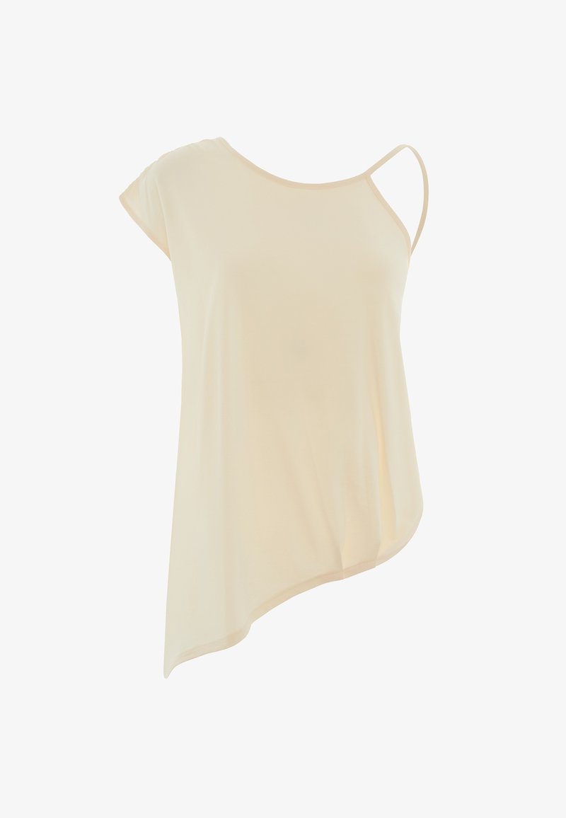 Top crema asimmetrico con maniche corte, realizzato in tessuto morbido; presenta una spallina singola e una drappeggiatura fluida.