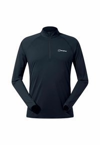 Donkerblauwe longsleeve pullover met een hoge kraag en een kwartrits. Heeft raglanmouwen en een subtiel logo op de borst. Nette, gladde textuur.