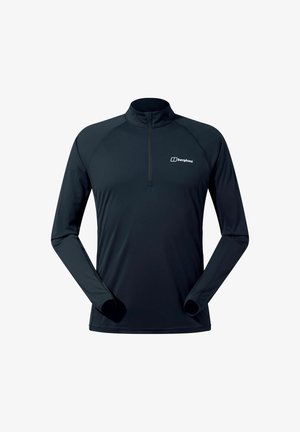 Dunkelblauer Langarmpullover mit hohem Kragen und Viertelreißverschluss. Verfügt über Raglanärmel und ein dezentes Logo auf der Brust. Glatte Textur.